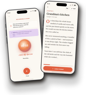 Two phone screens side by side: NORIA recording a voice note, and the finished story page