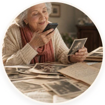 An older woman smiles as she records a memory into her phone, holding a printed photograph